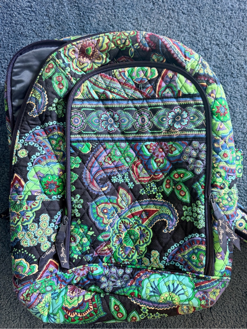 Vera Bradley Black Backpack with Green Paisley Print